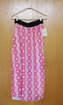 LuLaRoe Lucy Maxi Skirt Pink White Floral Lace Stripe Overlay Women's Size Small