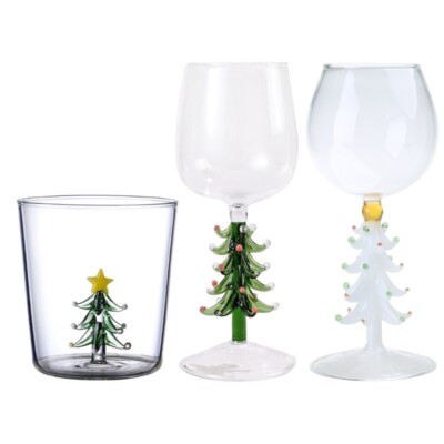 3D Drinking Glass Cup with Christmas Tree Figurine Inside Stemless Glass Wine