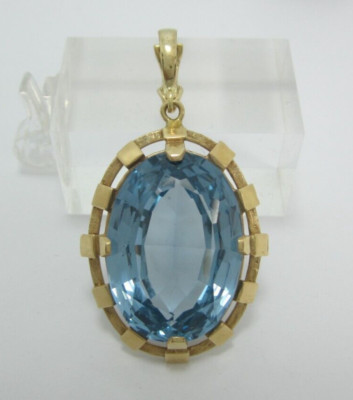 SCHÖNER DAMEN 14K GELBGOLD BLAUTOPAS (1-7/8'') ANHÄNGER 11,2G