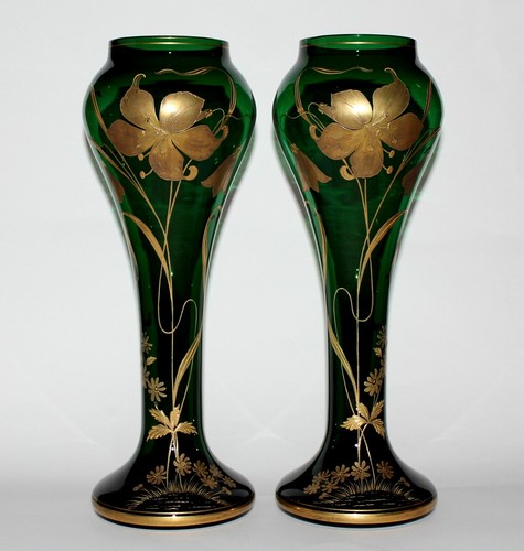 PAAR XXL JUGENDSTIL GLAS HARRACH VASE ART NOUVEAU VINTAGE ANTIQUE BOHEMIAN GLASS