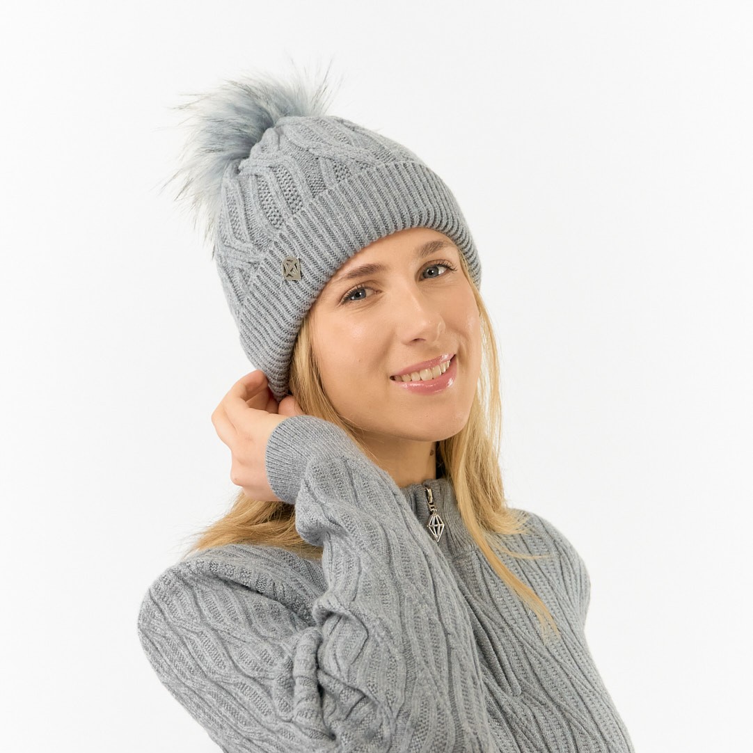 Pure Golf Ladies Lined Waterproof Bobble Hat with Cable Knit Design in Grey