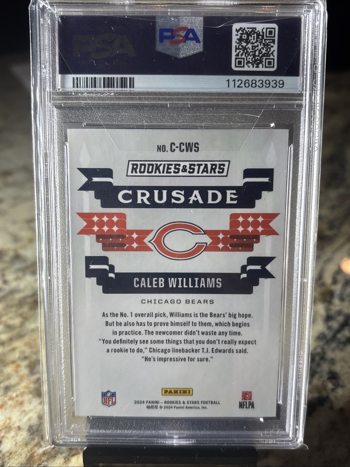 Caleb Williams 2024 Rookies and Stars #CCWS PSA 9 Crusade-Red Plaid RC Rookie view 2