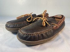 L.L. Bean Handsewn Flannel Lined Moccasin Slippers Men's Brown Leather - US 12