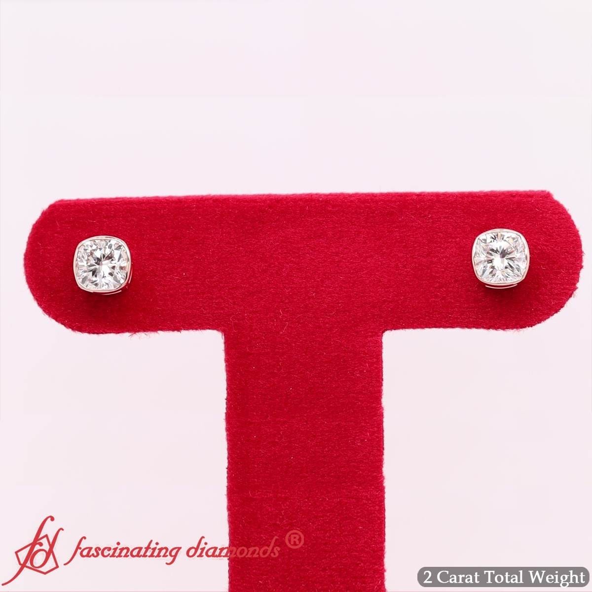 IGI Certified Cushion Lab Grown Diamond Bezel Stud Earrings 14K Gold 1-5 Ct