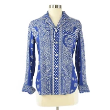 Polo Ralph Lauren Paisley Bandana Button Front Top Womens XS Blue White Western