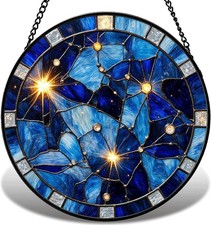 7.9in Starry Night Stained Glass Suncatcher Window Hanging Celestial Decor