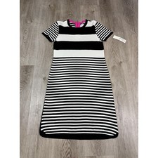 Eliza J Black White Stripe Knit Zipper Neck Short Sleeve Midi Dress Size 6