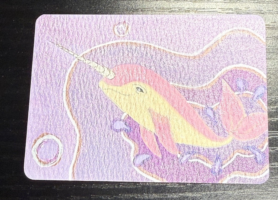 ACEO Original hand Painting, Narwhal splashing in water, by Kookeyartzllc