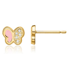 14K Solid Yellow Gold CZ Pink Butterfly Stud Earrings