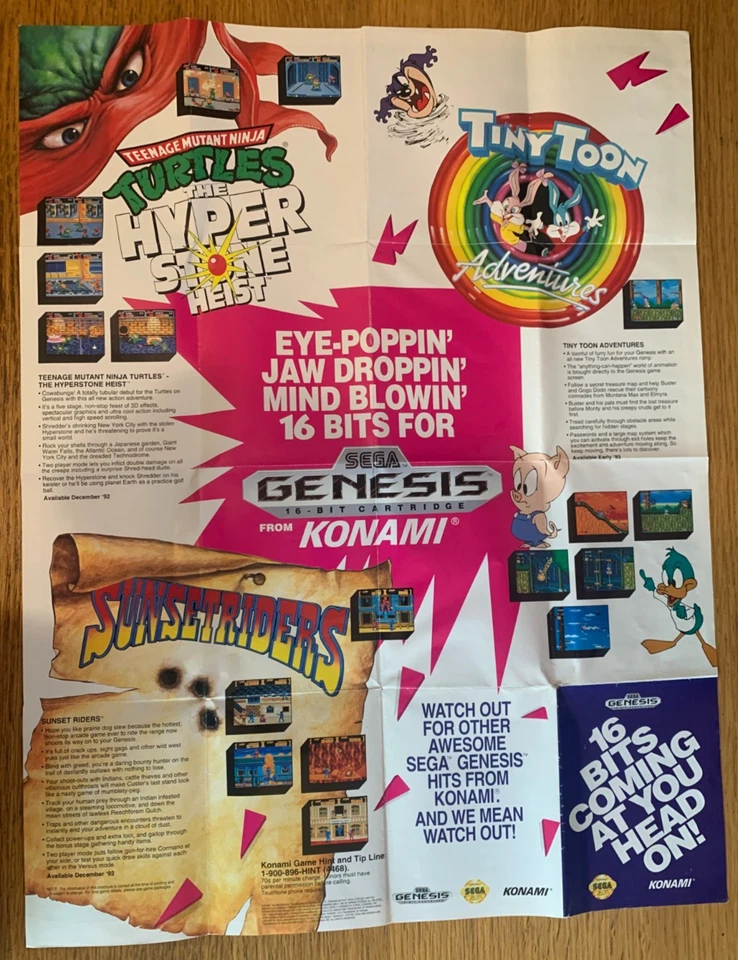 Vintage Sega Konami Head on Poster! TMNT, Sunset Riders Insert Poster - Image 2 of 3