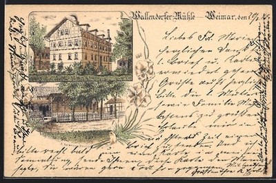 Lithographie Weimar / Thüringen, Gasthaus Wallendorfer Mühle 1899 