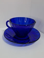 Duralex France Cobalt Blue Glass Cups & Saucers 2.5" Tall Set of 6