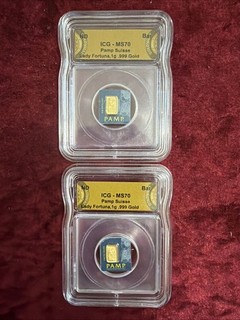 2 X 1 Gram Lot Gold Bars Graded MS 70 PAMP Suisse Lady Fortuna Assay .999 Fine