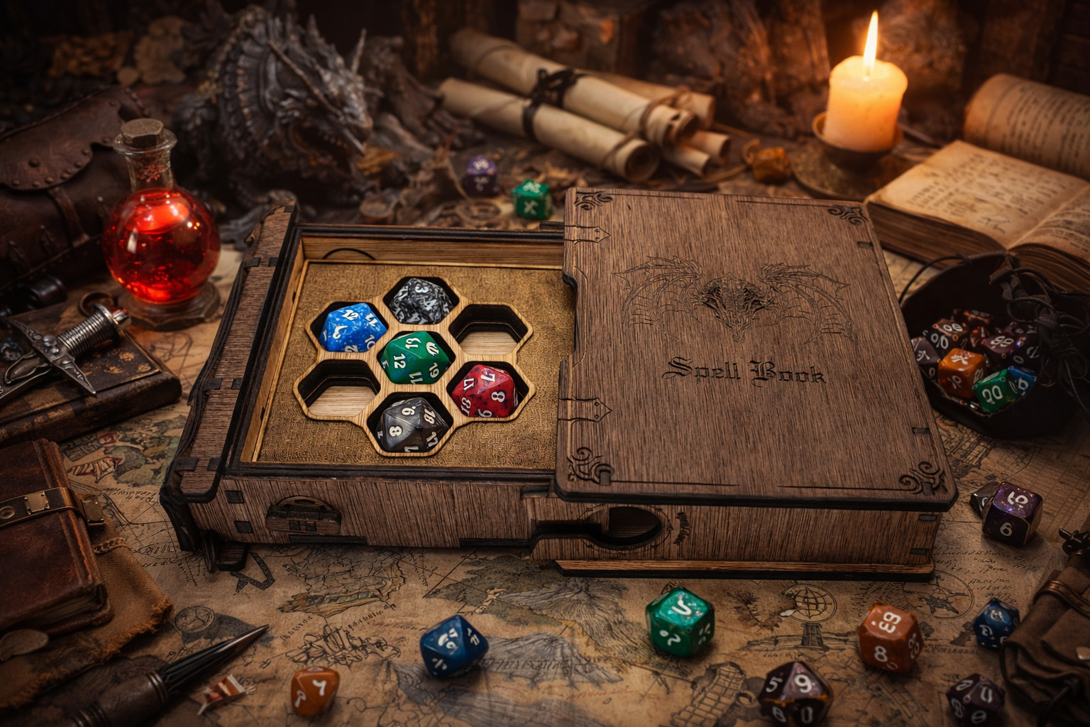 Boîte à dés en bois sculpté style grimoire de sorcier pour passionné D&D