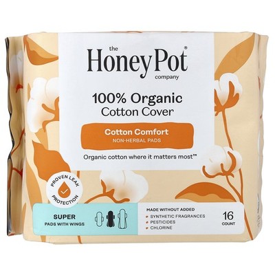 100% Organic Cotton Cover, Non-Herbal Pads with Wings, Super, 16 Count