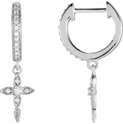 14KT White Gold Diamond Hinged Huggie Hoops Cross Earring Charms