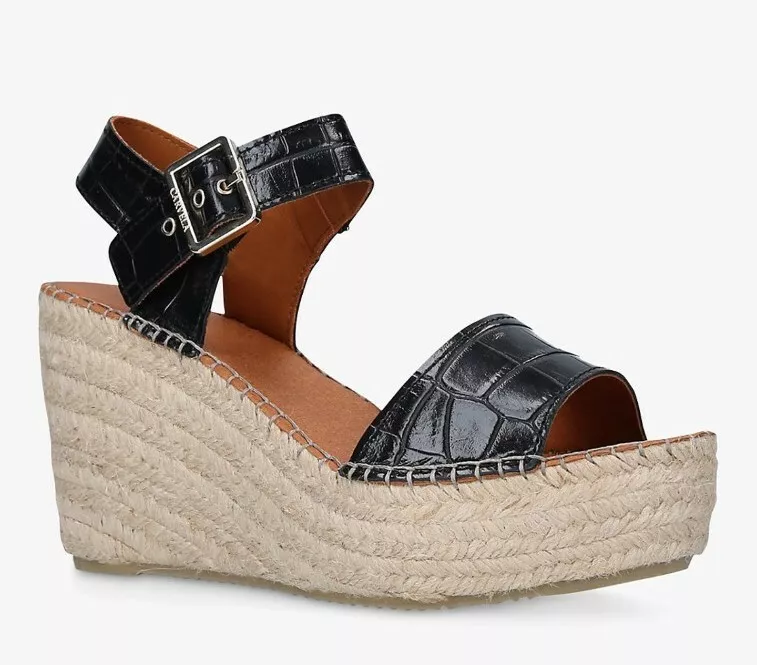 Carvela Ladies Black Leather Croc Print Wedge Summer Sandals UK 6