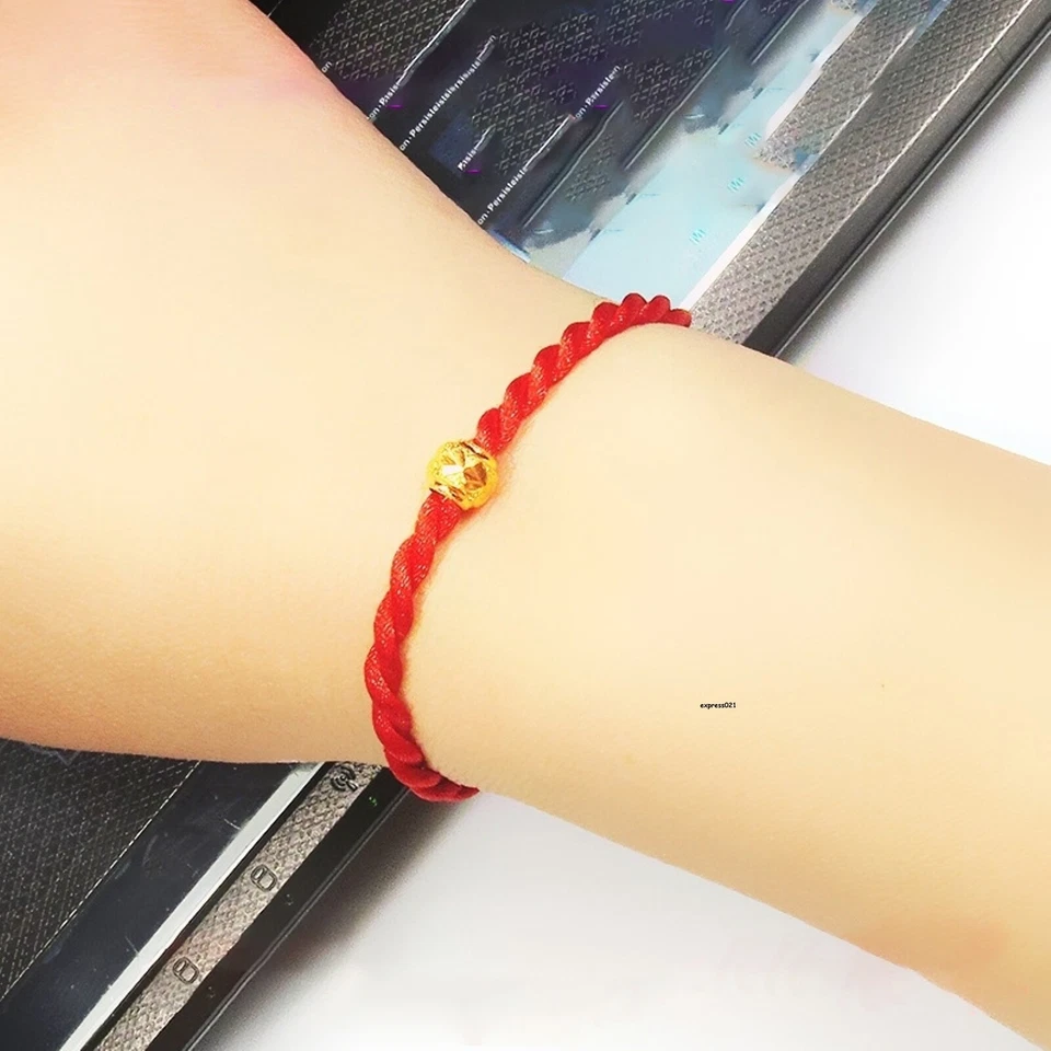 Pure 999 24k Yellow Gold Round Bead Red Cord String Braided Twist Bracelet 0.35g - Image 3 of 4