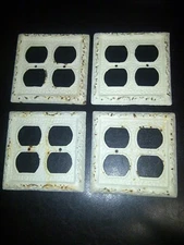 Rustic Antique White Cast Iron Outlet Plate Cover Double Plugs 4 Holes Set Of 4
