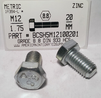 M12-1.75X20MM HEX HEAD CAP SCREWS GRADE 8.8 STEEL ZINC PLATED (50)