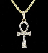  Ankh Pendant 14k Gold Plated iced Cz w/ 24" Rope Chain Hip Hop Necklace