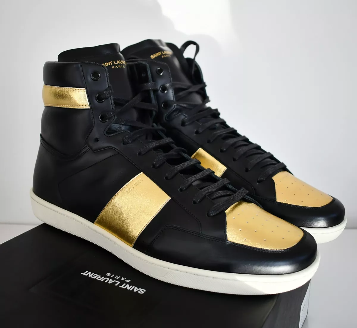 New SAINT LAURENT Black Gold COURT CLASSIC SL/10H High-Top Sneakers EUR-49  US-16