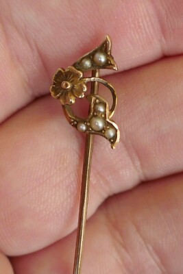 Antique Victorian 10kt Yellow Gold Keshi Seed Pearl Stick Pin