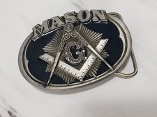 Masonic Freemason Mason Belt Buckle USA Made Vintage 1985 C J Blue Enamel