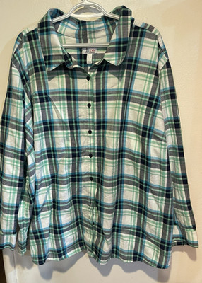 Denim & Co. D & Co.Womens Size 5XTurquoise Green Black White Plaid Cotton Shirt
