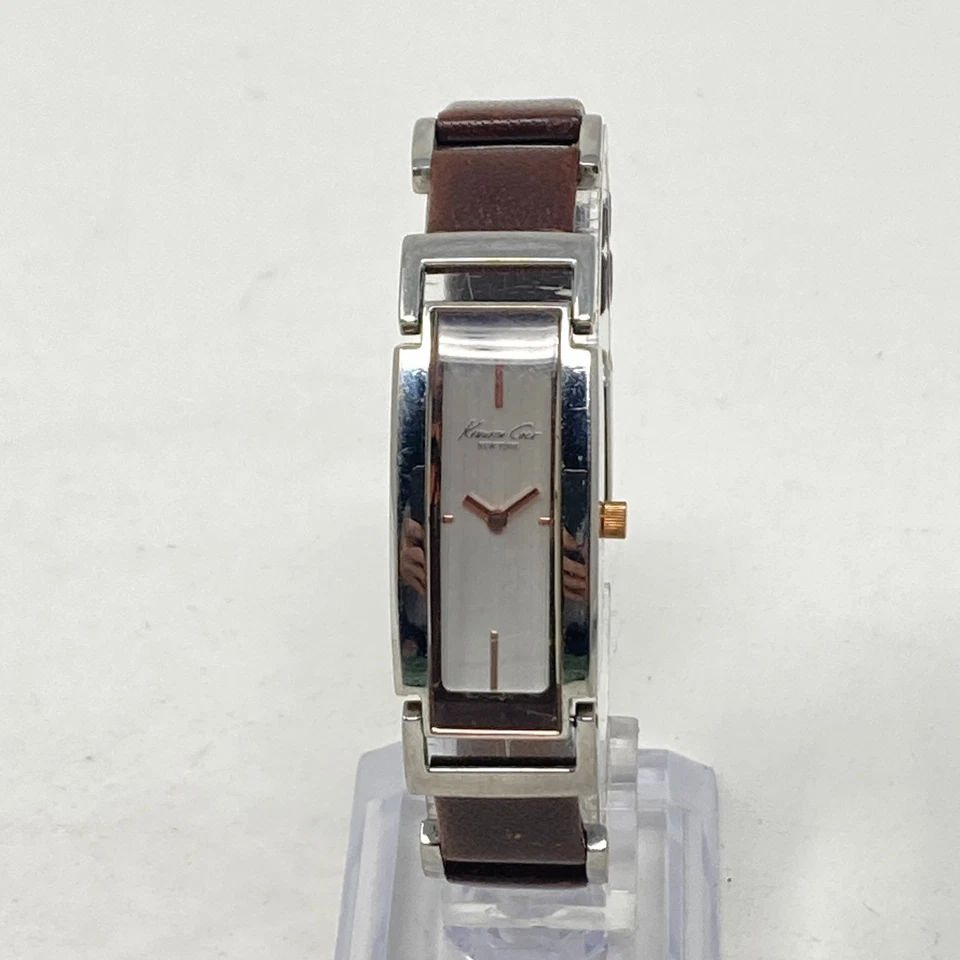 Kenneth Cole Tank Watch Women 17mm Silver Rose Gold Tone Leather New Battery 8" - Image 3 of 4
