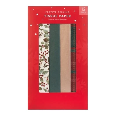 Christmas Tissue Paper 12 Pack | Festive Gift Wrap Sheets | Holly Plaid Green BN