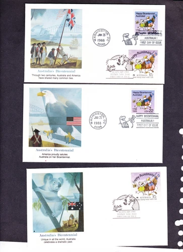 USA & AUSTRALIA FRIENDSHIP JOINT ISSUE FLEETWOOD FIRST DAY COVERS SET OF 3  HS82