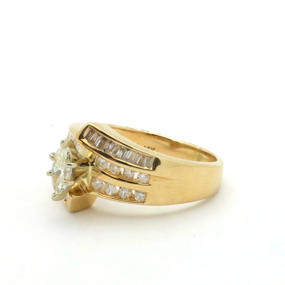 14K Gold Marquise Diamond & Round and Baguette Engagement Ring. 3/4 CTW, Vintage - Image 3 of 4