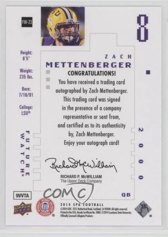 2014 SP Authentic 2000 Future Watch /25 Zach Mettenberger #FW-23 Rookie Auto RC - Image 2 of 2