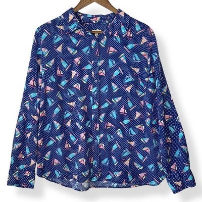 Talbots L 100% Cotton Long Sleeve Button Up Blouse Shirt Sailboat Blue Novelty