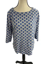 Croft & Barrow Womens M Blue Geometric Floral Print 3/4 Sleeve Stretch Top