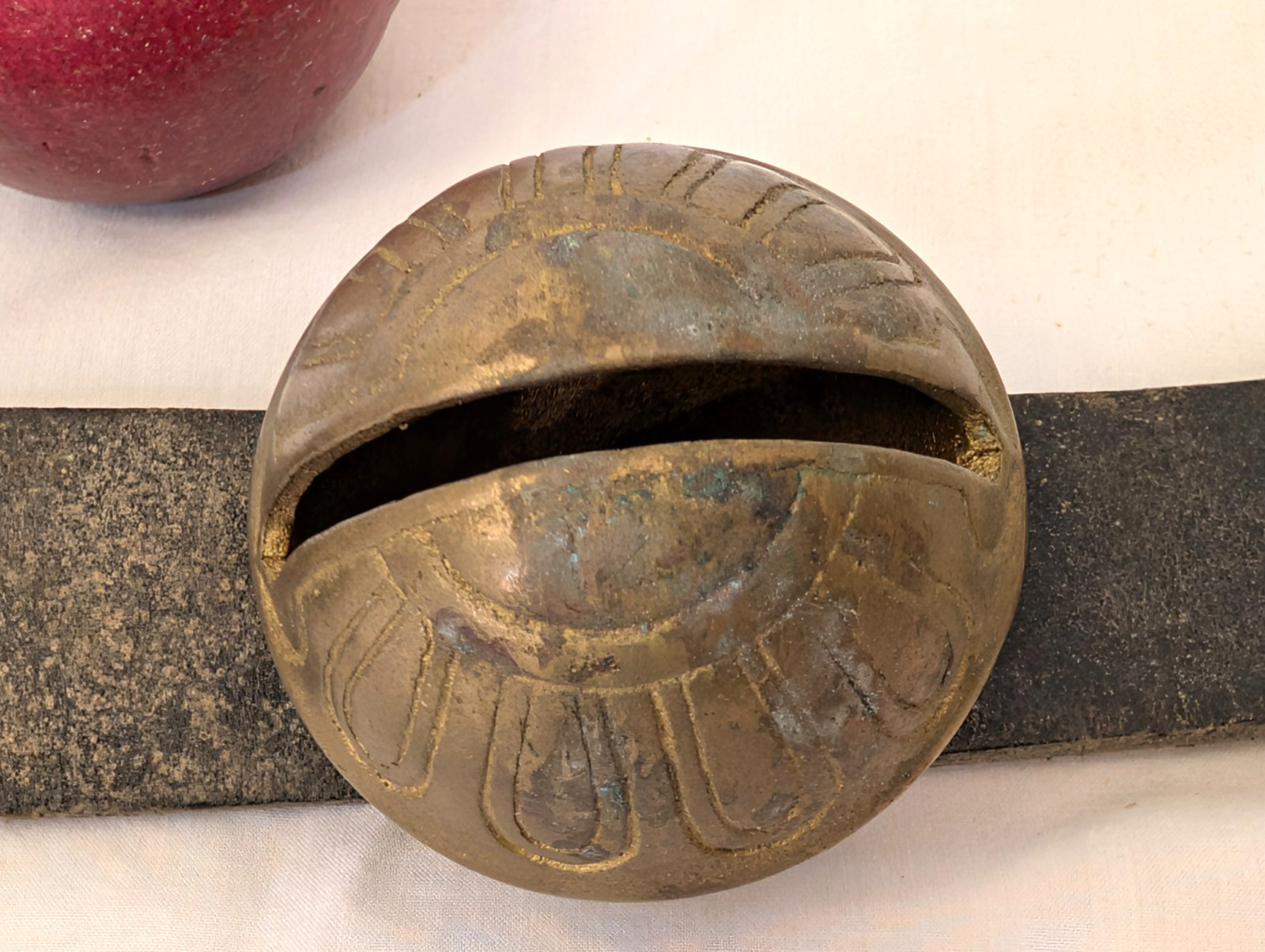 Early Antique Horse Brass Pedal Sleigh Bells on Leather Strap