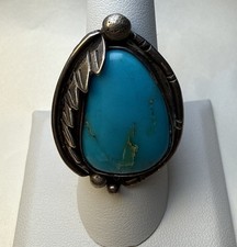 Vintage Native American Sterling Silver Lg Shadowbox Turquoise Ring..Size 8