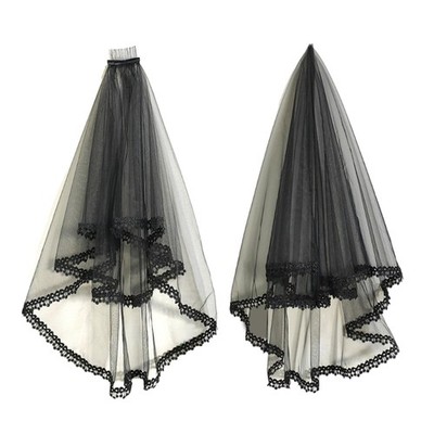 Halloween Gothic Lace Tulle Bride Veil with Fix Comb Anti-Slip Floral Trim Veil