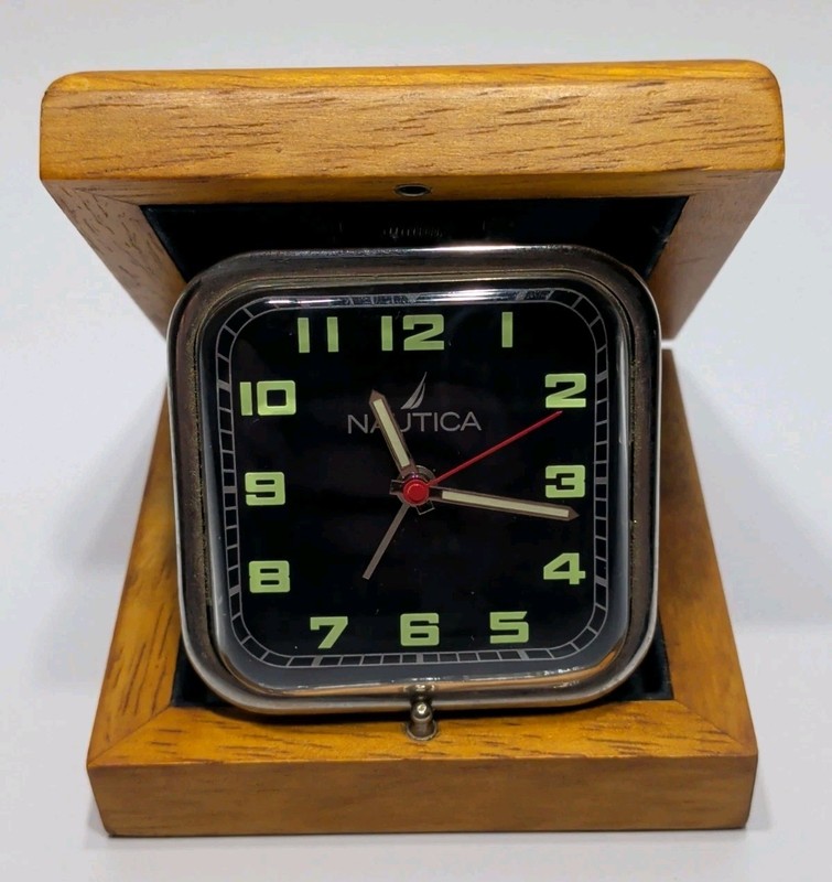 NAUTICA battery operated Wooden case Travel Alarm Clock Gift Collection, RARE