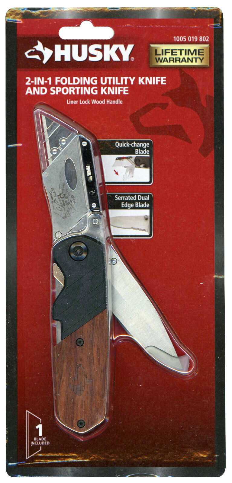 Husky 2-in-1 FOLDING UTILITY KNIFE & SPORTING KNIFE, QUICK-CHANGE BLADE  Wooden
