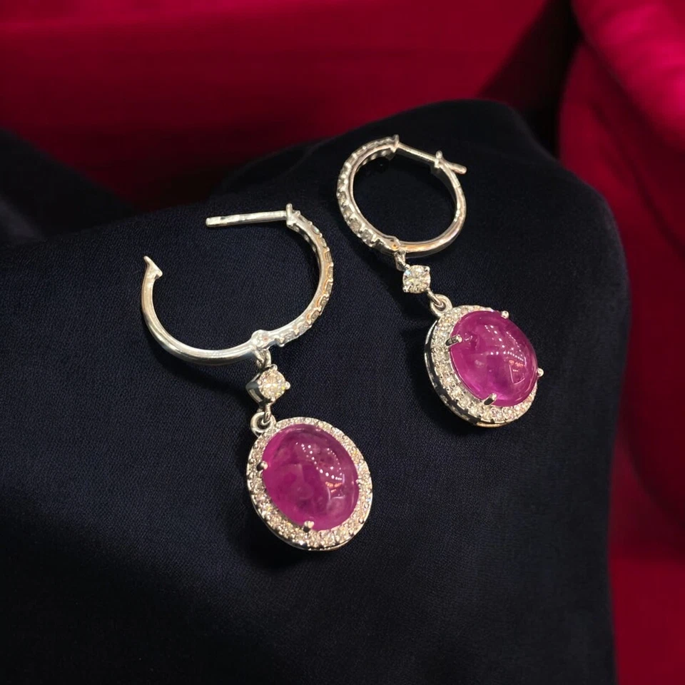 Pave 9.50 Cts Round Brilliant Cut Natural Diamonds Ruby Dangle Earrings 18K Gold - Image 4 of 4