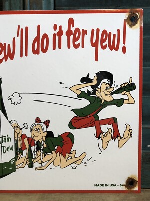 VINTAGE 1964 DATED MOUNTAIN DEW PORCELAIN 12” SIGN HILLBILLY SODA
