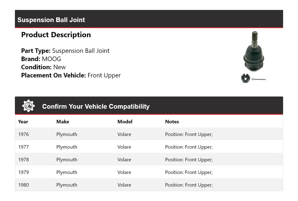 For 1976-1980 Plymouth Volare Suspension Ball Joint Front Upper MOOG 1976 1977 - Image 2 of 4