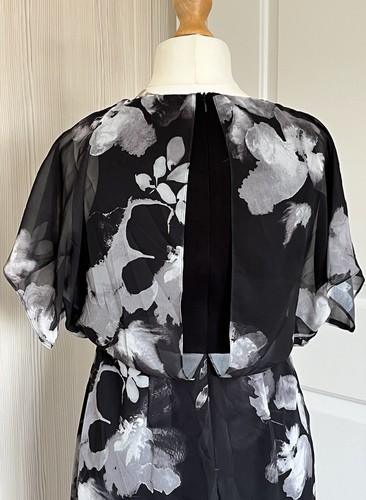 Jacques Vert Chiffon Overlay Faux Wrap Dress Size 12 Black Grey Floral Print - Picture 17 of 23