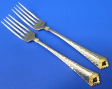 2 - Oneida TESORO BLACK Gold Accent Glossy Hammered Stainless 7.5" DINNER FORKS