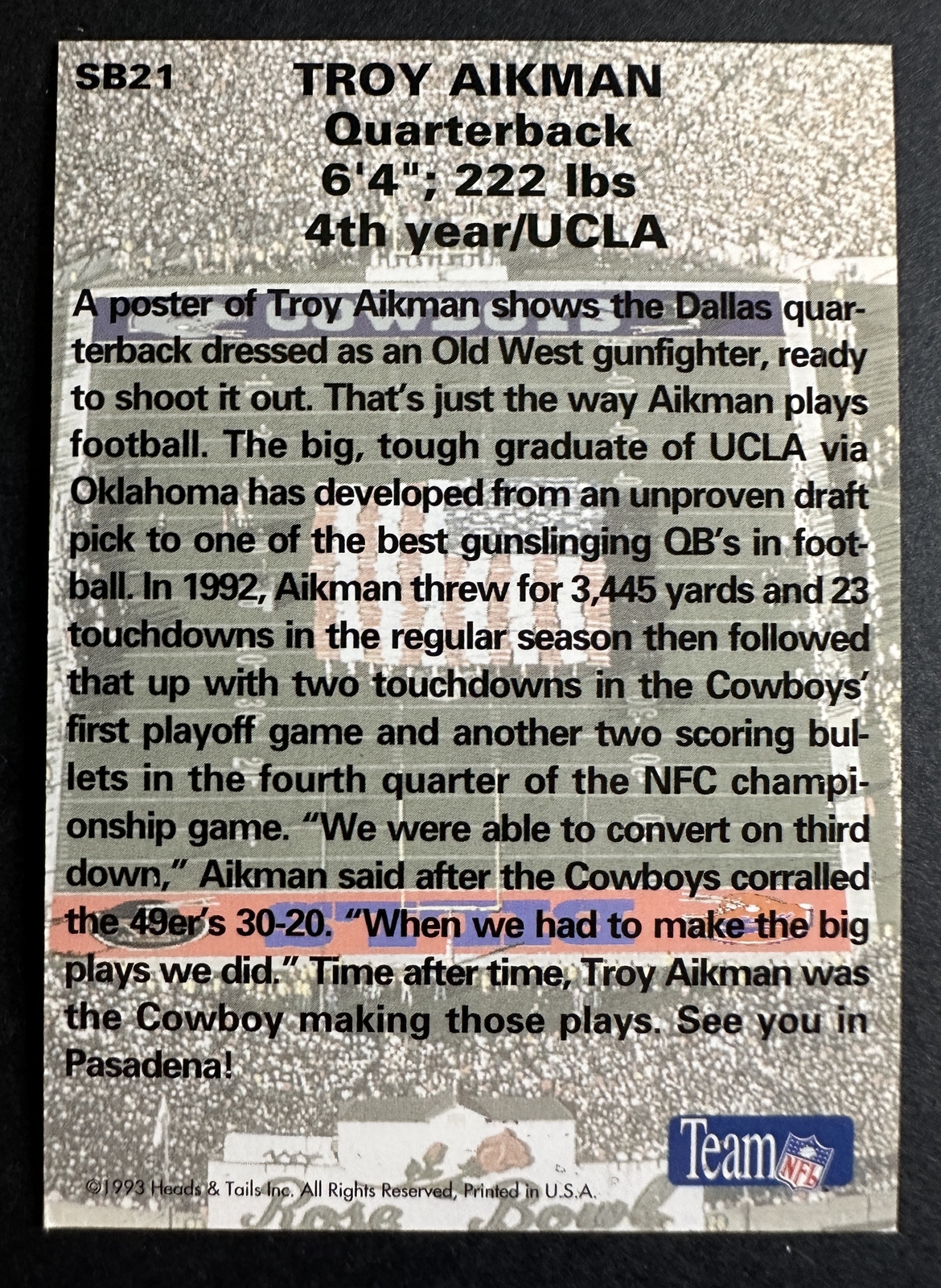 Troy Aikman 1993 Heads & Tails Super Bowl XXVII Football Card Cowboys 