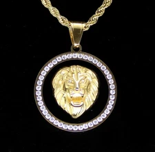 Mighty Lion CZ Pendant Stainless Steel Gold Plated 24" Rope Never Fade/Tarnish