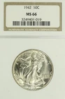 1942 Walking Liberty Half Dollar : NGC MS66 Blazing White