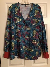 Just Cotton Teal/Rust/Gold Fishbones Design Medium Uniform Scrub Top Nwot